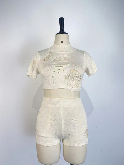 Casual Knitted Hollow Short Set kakaclo