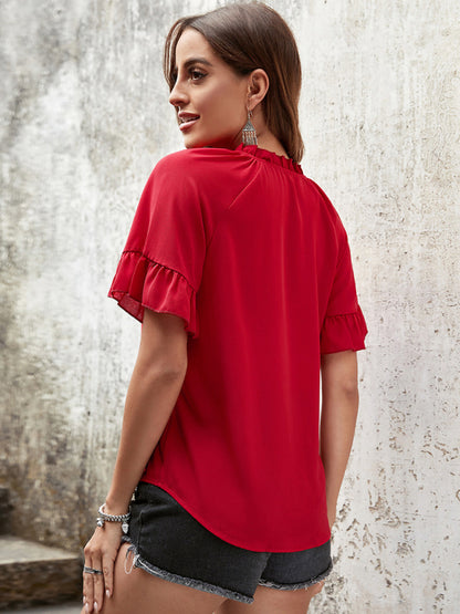 Ladies Bell Sleeve Loose Red Short Sleeve Top kakaclo