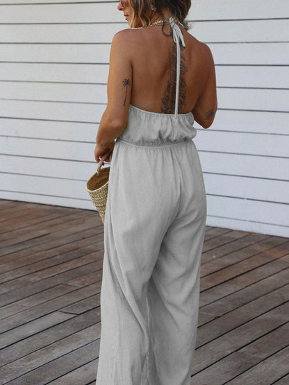 Solid Color Halter Neck Drawstring Tie Cutout Backless Jumpsuit kakaclo