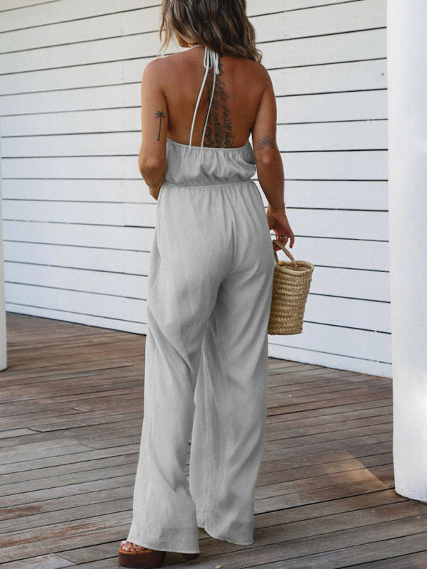 Solid Color Halter Neck Drawstring Tie Cutout Backless Jumpsuit kakaclo