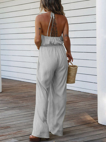 Solid Color Halter Neck Drawstring Tie Cutout Backless Jumpsuit kakaclo