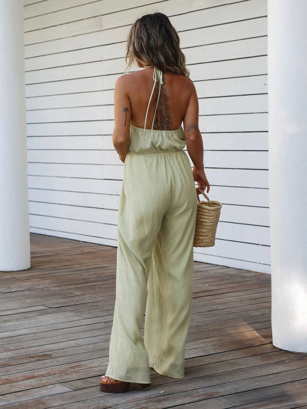 Solid Color Halter Neck Drawstring Tie Cutout Backless Jumpsuit kakaclo