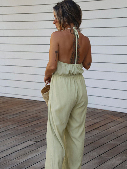 Solid Color Halter Neck Drawstring Tie Cutout Backless Jumpsuit kakaclo