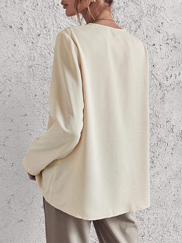 Solid Color Long Sleeve V-neck Lace Trim Blouse kakaclo