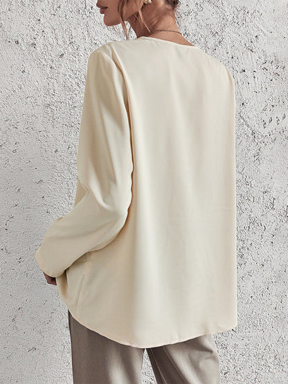 Solid Color Long Sleeve V-neck Lace Trim Blouse kakaclo