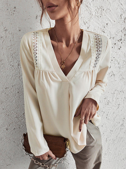 Solid Color Long Sleeve V-neck Lace Trim Blouse kakaclo