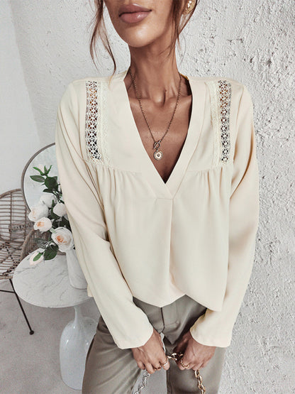 Solid Color Long Sleeve V-neck Lace Trim Blouse kakaclo