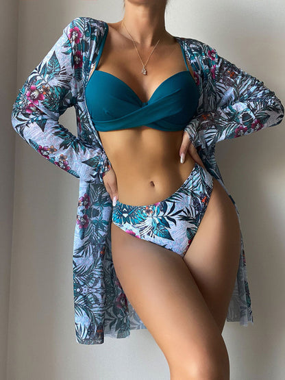 High Waist Printed Three Piece Bikini With Mesh Cape Split Cover-up kakaclo