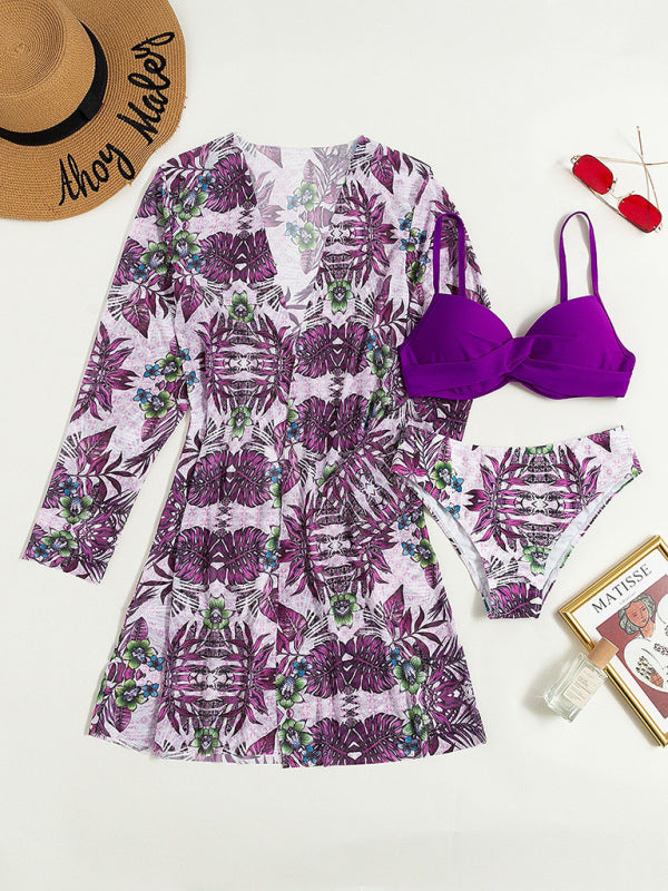 High Waist Printed Three Piece Bikini With Mesh Cape Split Cover-up kakaclo