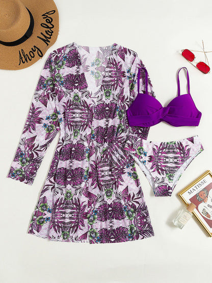 High Waist Printed Three Piece Bikini With Mesh Cape Split Cover-up kakaclo