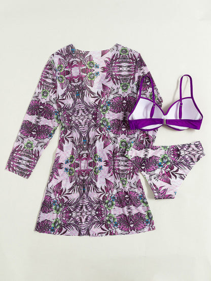 High Waist Printed Three Piece Bikini With Mesh Cape Split Cover-up kakaclo