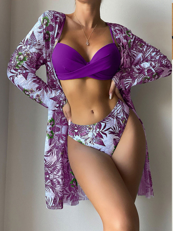High Waist Printed Three Piece Bikini With Mesh Cape Split Cover-up kakaclo