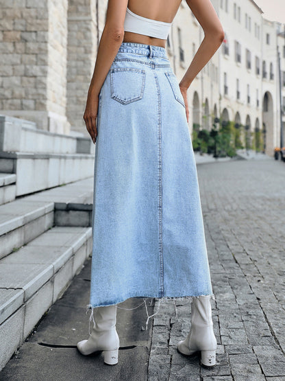 High Waist Denim Maxi Skirt kakaclo