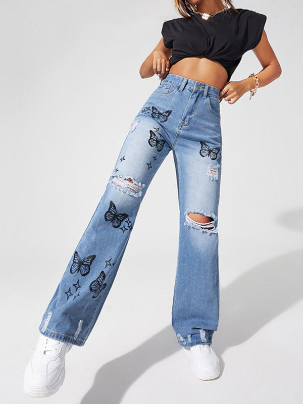 Butterfly Print Ripped Straight Jeans kakaclo