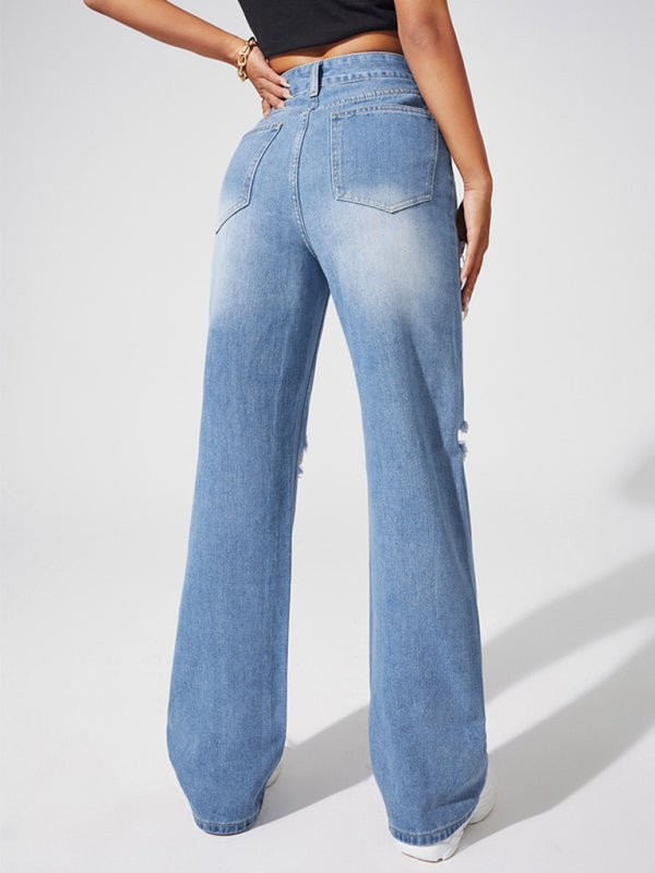 Butterfly Print Ripped Straight Jeans kakaclo