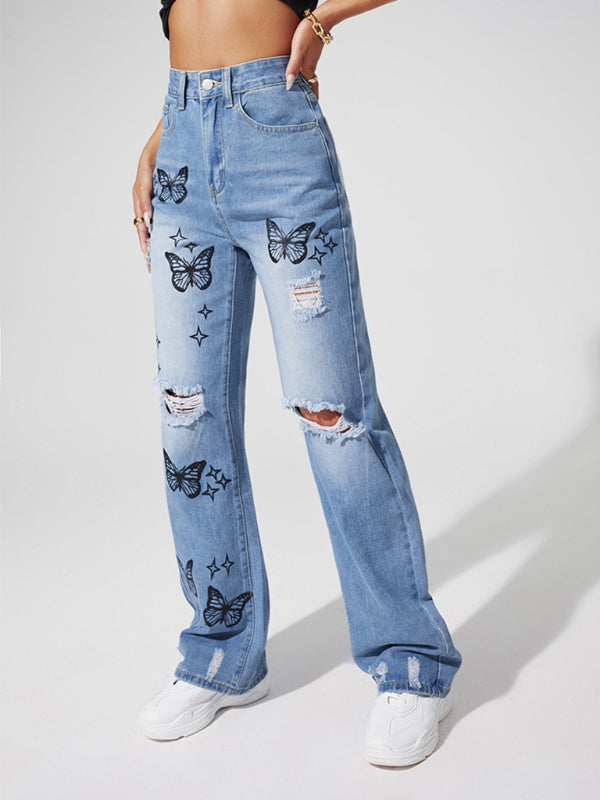 Butterfly Print Ripped Straight Jeans kakaclo