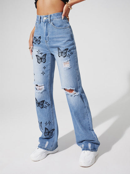 Butterfly Print Ripped Straight Jeans kakaclo
