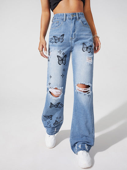 Butterfly Print Ripped Straight Jeans kakaclo