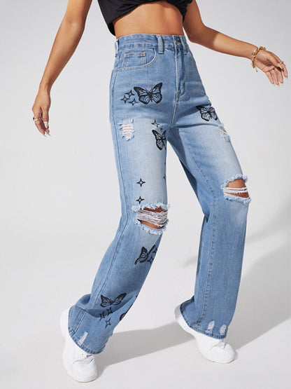 Butterfly Print Ripped Straight Jeans kakaclo