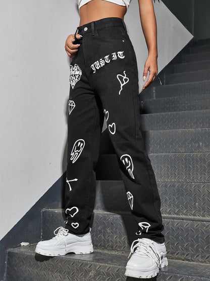 Heart And Diamond Freedom Print Jeans kakaclo