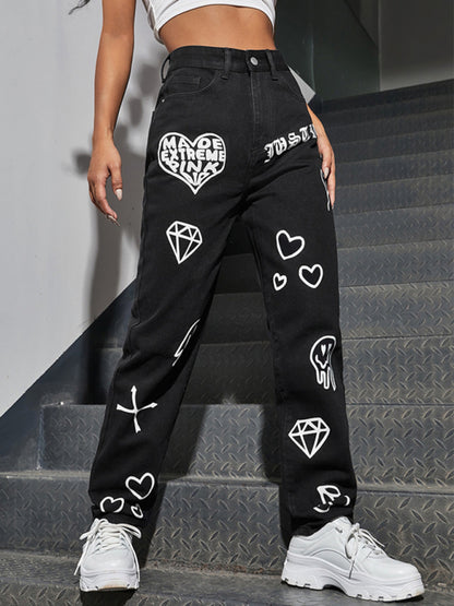 Heart And Diamond Freedom Print Jeans kakaclo