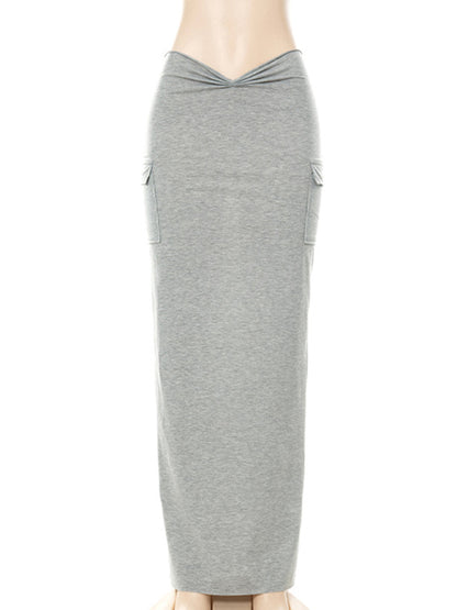 Solid Color Casual High Waist Pocket Pleated Slim Skirt kakaclo