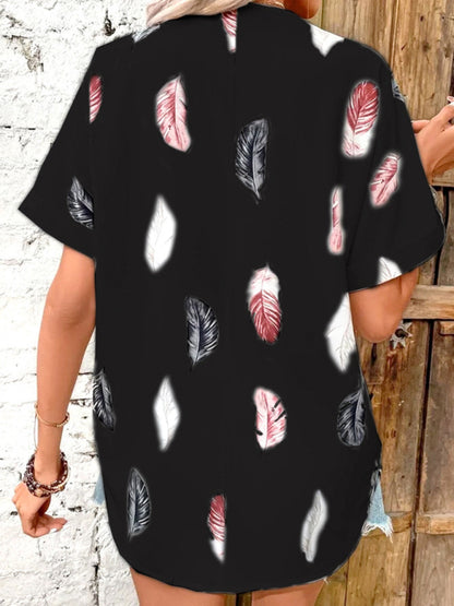 Lapel Feather Print Short Sleeve Shirt