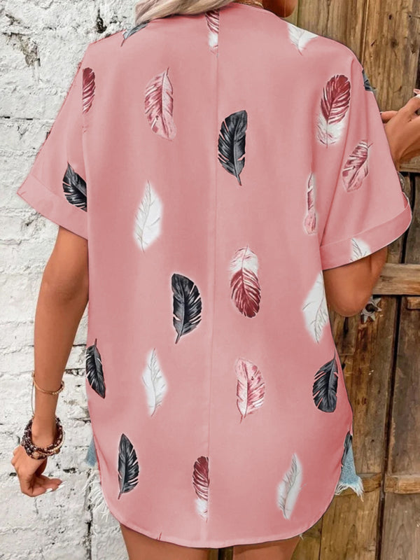 Lapel Feather Print Short Sleeve Shirt