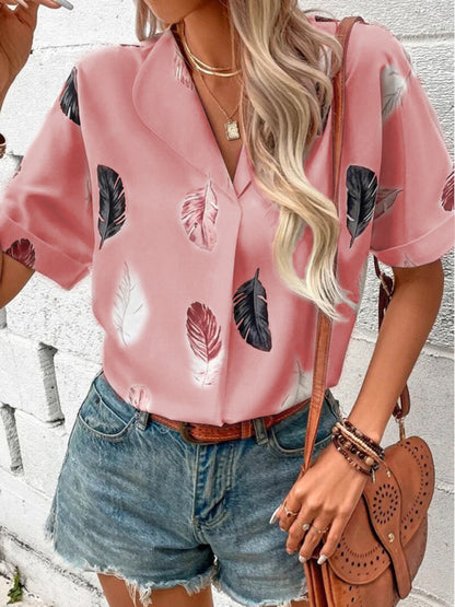 Lapel Feather Print Short Sleeve Shirt
