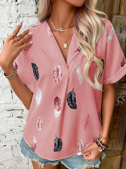 Lapel Feather Print Short Sleeve Shirt