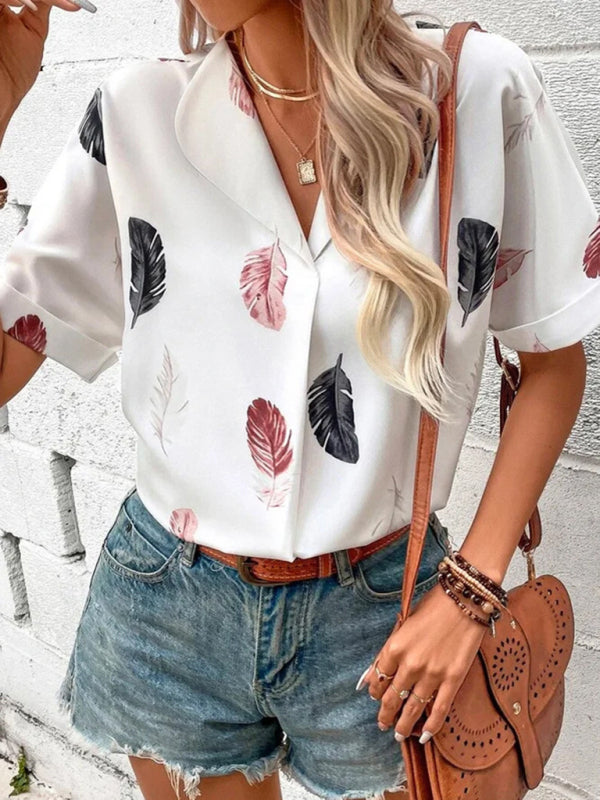 Lapel Feather Print Short Sleeve Shirt