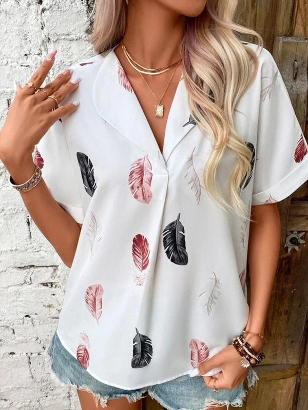 Lapel Feather Print Short Sleeve Shirt