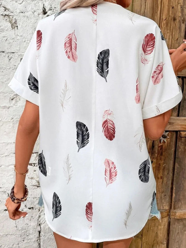 Lapel Feather Print Short Sleeve Shirt