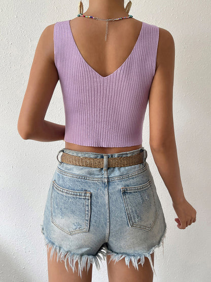 Solid Color Simple Sexy Knotted Navel Knit Tank Top kakaclo