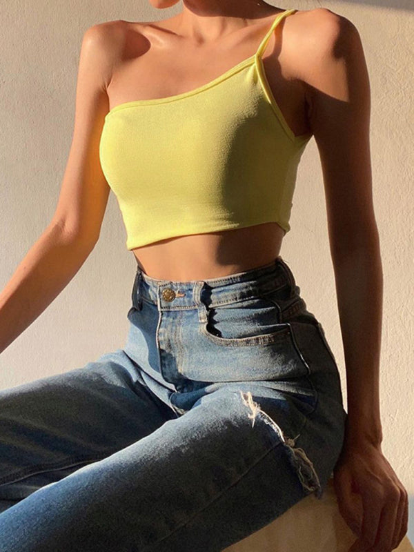 Knitted One Shoulder Cropped Top kakaclo