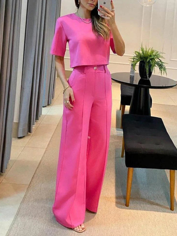 Solid Casual Short-Sleeved Top and Trouser Pants Set kakaclo