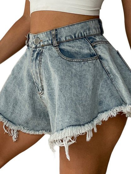 Ripped High Waist Raw Fringe Denim Shorts kakaclo