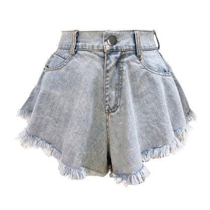 Ripped High Waist Raw Fringe Denim Shorts kakaclo