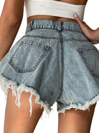 Ripped High Waist Raw Fringe Denim Shorts kakaclo