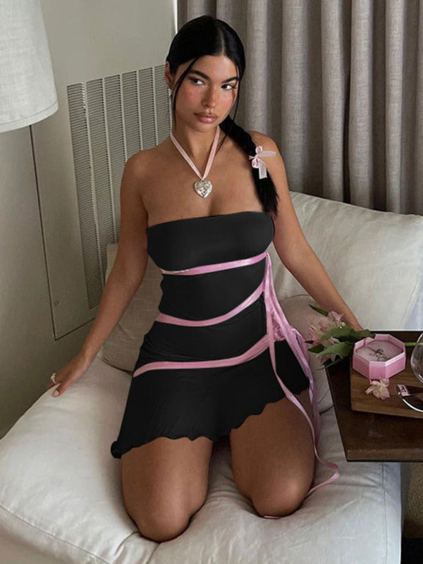 Sexy Barbie Style Contrasting Color Ribbon Tube Top Mini Dress kakaclo