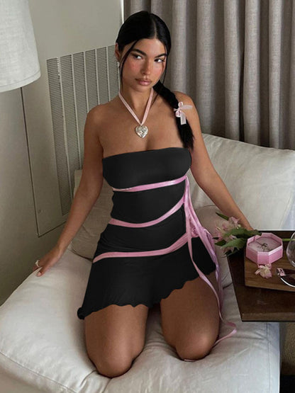 Sexy Barbie Style Contrasting Color Ribbon Tube Top Mini Dress kakaclo
