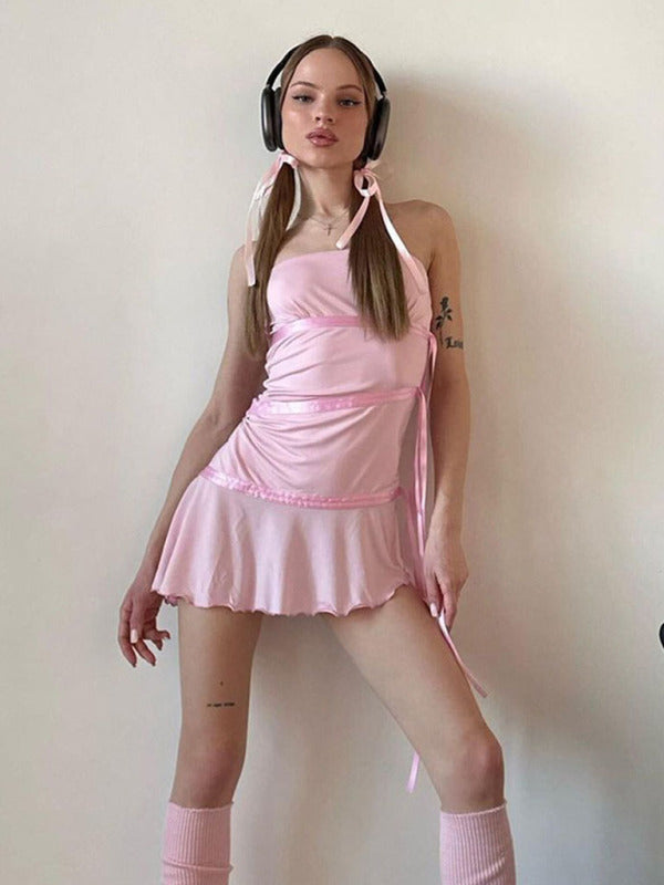 Sexy Barbie Style Contrasting Color Ribbon Tube Top Mini Dress kakaclo