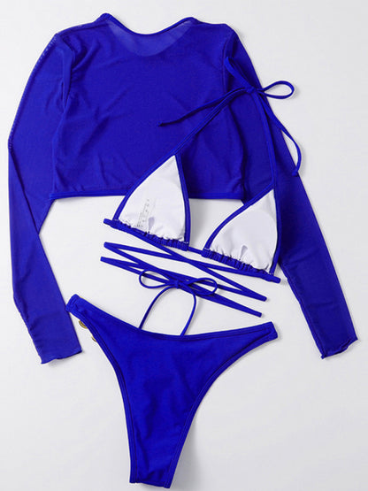 High Waist Long Sleeve Cutout 3-Piece Bikini Set