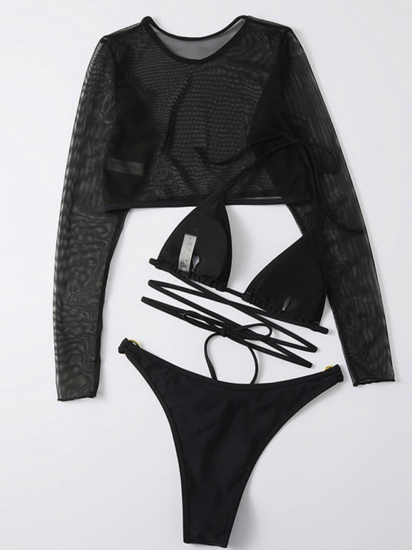 High Waist Long Sleeve Cutout 3-Piece Bikini Set