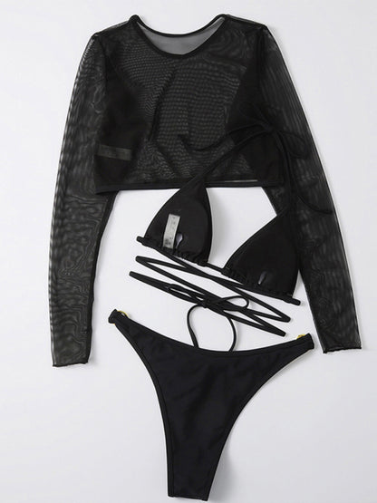 High Waist Long Sleeve Cutout 3-Piece Bikini Set