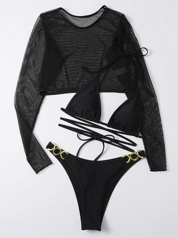 High Waist Long Sleeve Cutout 3-Piece Bikini Set