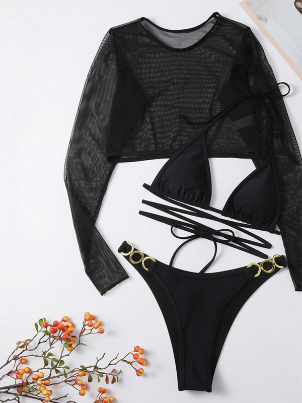 High Waist Long Sleeve Cutout 3-Piece Bikini Set