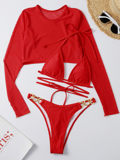 High Waist Long Sleeve Cutout 3-Piece Bikini Set