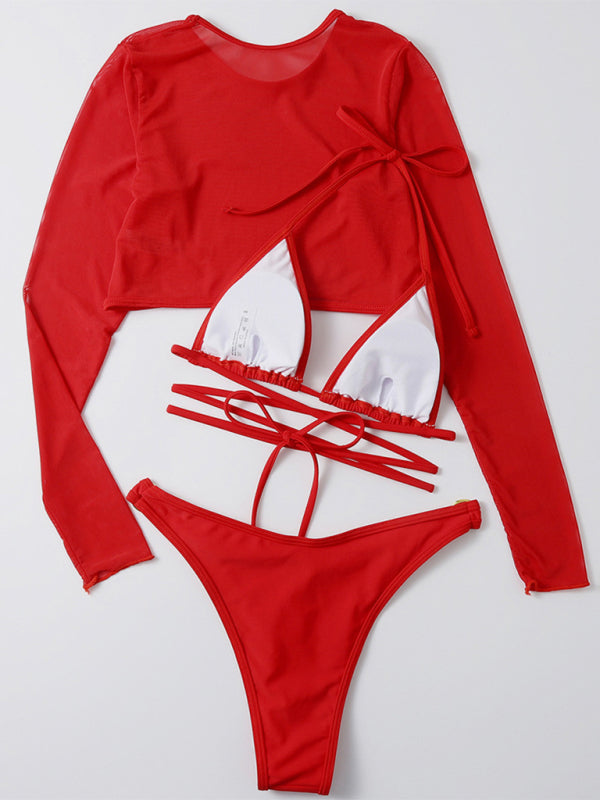 High Waist Long Sleeve Cutout 3-Piece Bikini Set