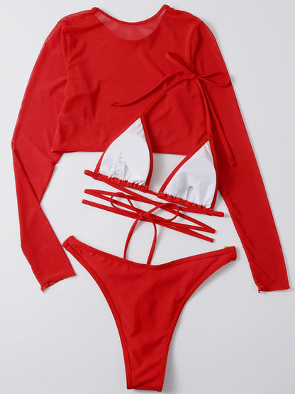 High Waist Long Sleeve Cutout 3-Piece Bikini Set
